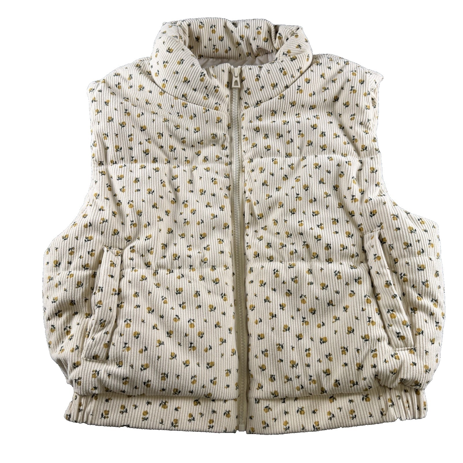 Altard State Corduroy Floral Puffer Vest Size L Cream Yellow Green Cropped Zip
